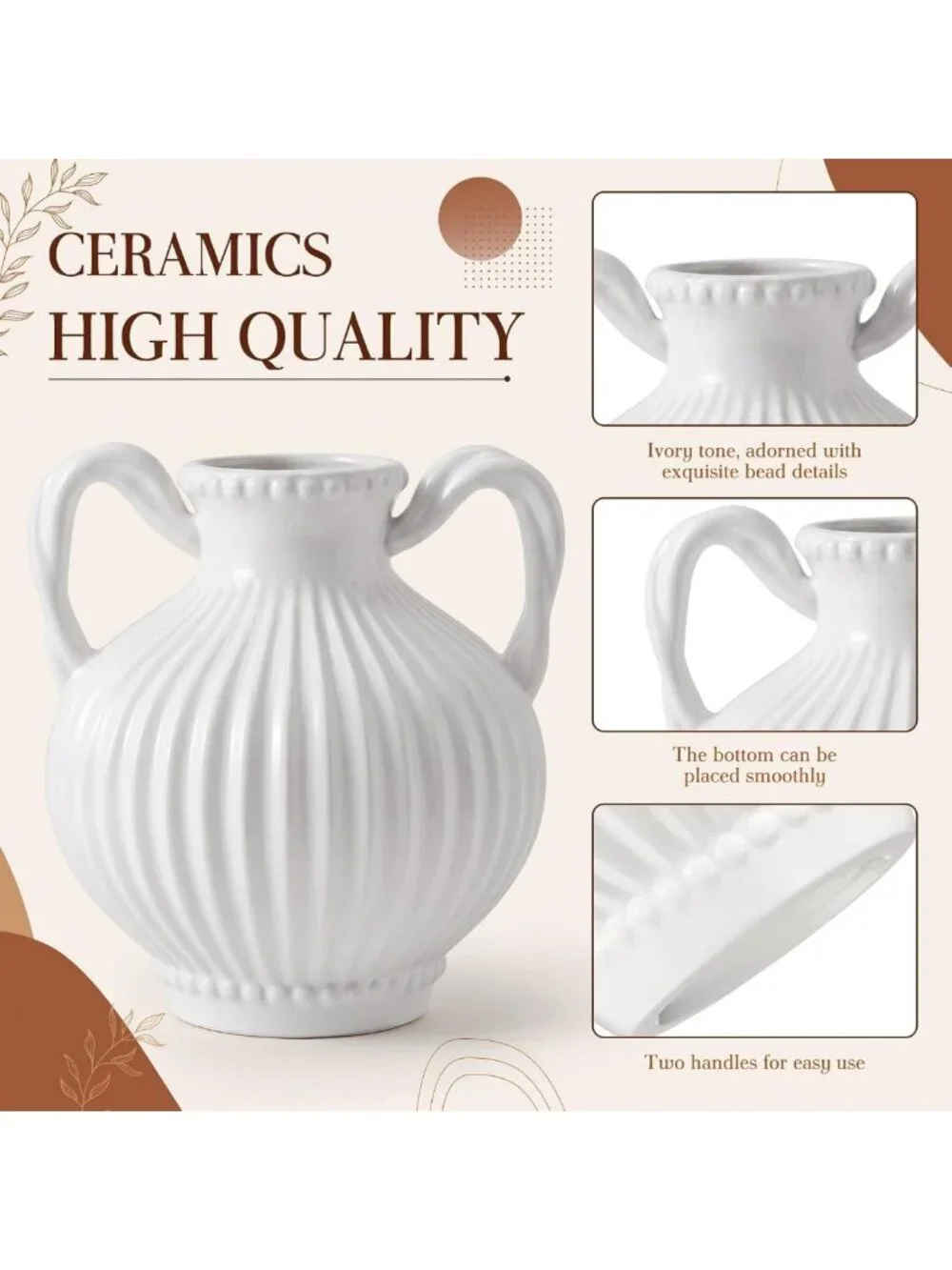 Ivory Ceramic Vase with 2 Handles - Vintage Rustic Fall Home Decor Accent